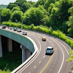 A vibrant wildlife crossing (eco-bridge) covered in lush greenery, spanning a highway with cars passing underneath. Focus on the bridge acting as a safe passage for various animals (deer, foxes, birds) amidst a bustling environment, symbolizing hope and reconnection.