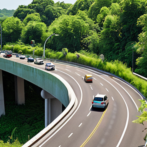 Home 11 A vibrant wildlife crossing (eco-bridge) covered in lush greenery, spanning a highway with cars passing underneath. Focus on the bridge acting as a safe passage for various animals (deer, foxes, birds) amidst a bustling environment, symbolizing hope and reconnection.