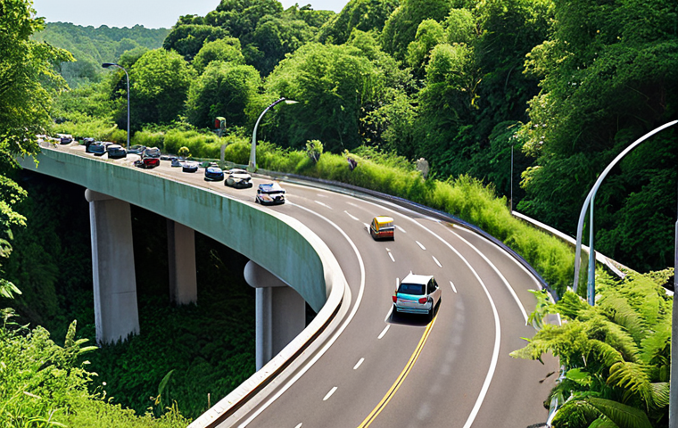 A vibrant wildlife crossing (eco-bridge) covered in lush greenery, spanning a highway with cars passing underneath. Focus on the bridge acting as a safe passage for various animals (deer, foxes, birds) amidst a bustling environment, symbolizing hope and reconnection.