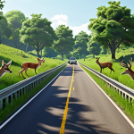 Wildlife crossing over a highway, lush green vegetation, animals safely traversing (deer, fox), daytime, sunny, focus on connectivity and safe passage, government support concept.