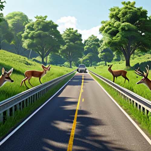 Home 6 Wildlife crossing over a highway, lush green vegetation, animals safely traversing (deer, fox), daytime, sunny, focus on connectivity and safe passage, government support concept.