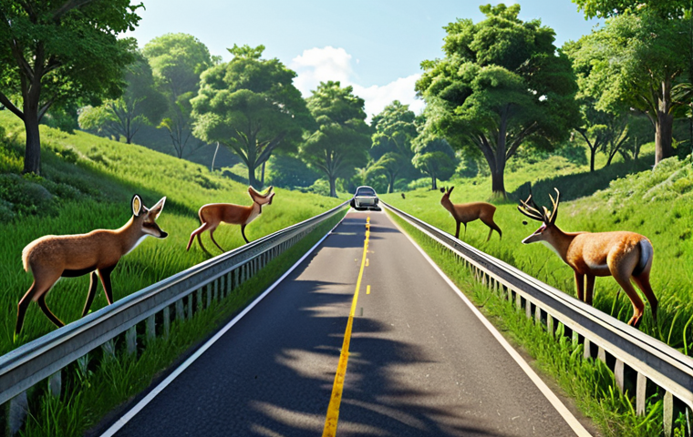 Wildlife crossing over a highway, lush green vegetation, animals safely traversing (deer, fox), daytime, sunny, focus on connectivity and safe passage, government support concept.